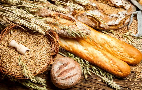 Картинка пшеница, стол, круглый, корзина, зерно, колоски, хлеб, колосья