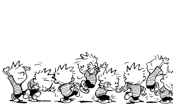 Картинка ч/б, комикс, прыгает, танцует, Calvin, Кельвин