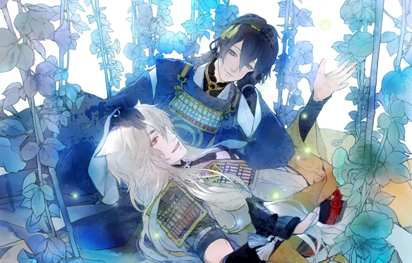 Цветы, арт, мужчины, Touken Ranbu, Миказуки Мунэчика, Mikazuki Munechika, Когицунэмару, vovo