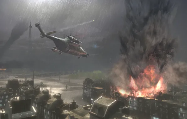 Картинка дождь, здания, взрывы, вертолет