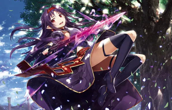 Девушка, оружие, дерево, меч, anime, art, Sword Art Online, Yuuki Konno