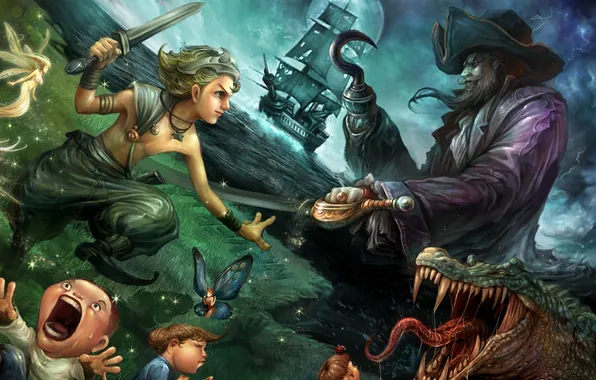 Картинка дети, луна, корабль, сказка, крокодил, фея, фэнтези, пираты