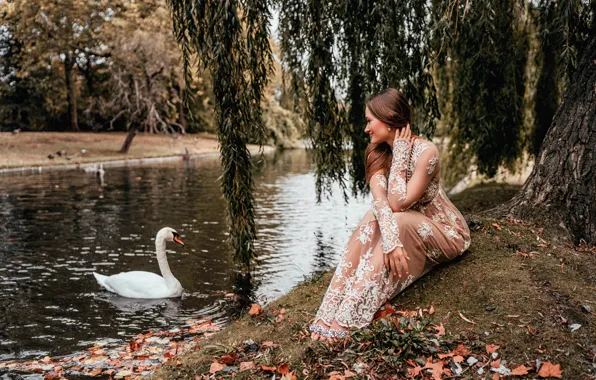 Взгляд, девушка, природа, берег, платье, лебедь, водоем, русая