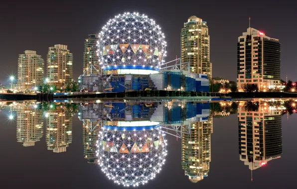 Картинка ночь, огни, отражение, Канада, Ванкувер