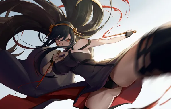 Оружие, аниме, бой, драка, декольте, жест, длинные волосы, anime
