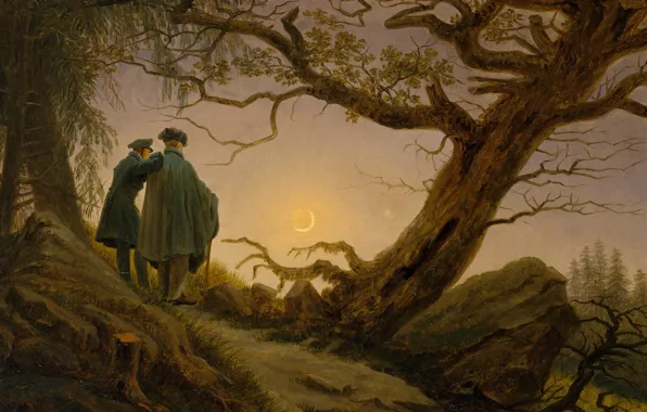 Пейзаж, дерево, картина, Каспар Давид Фридрих, Двое Мужчин Созерцающих Луну