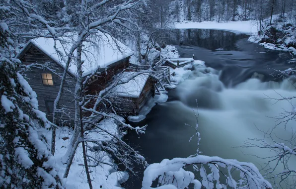 Зима, лес, снег, пейзаж, природа, дом, река, Финляндия
