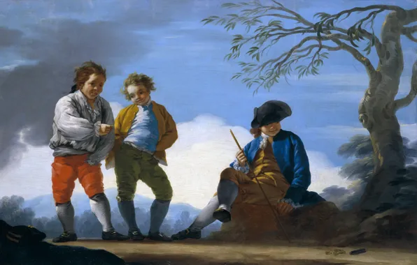Картинка дерево, картина, шляпа, жанровая, Jose del Castillo, Мальчики Играют Метают Монеты в Цель