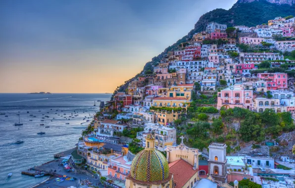 Картинка море, пейзаж, побережье, здания, Италия, залив, Italy, Campania