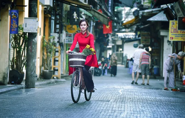 Девушка, велосипед, город, улица, азиатка