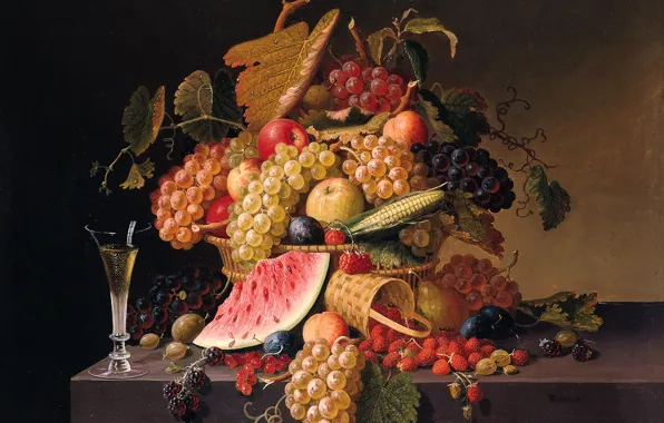 Картинка ягоды, картина, арбуз, клубника, виноград, натюрморт, Поль Лакруа, Летнее Изобилие