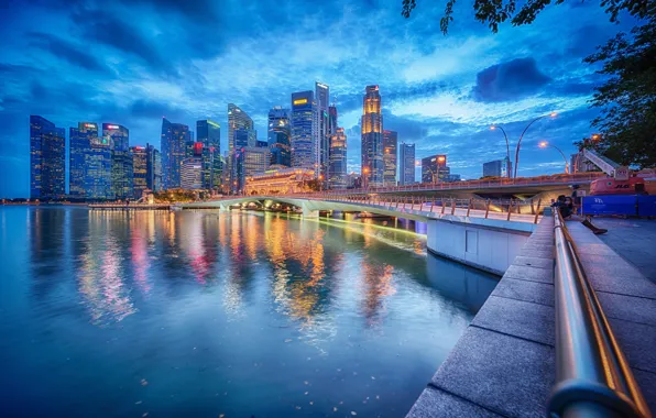 Мост, здания, залив, Сингапур, ночной город, набережная, небоскрёбы, Singapore
