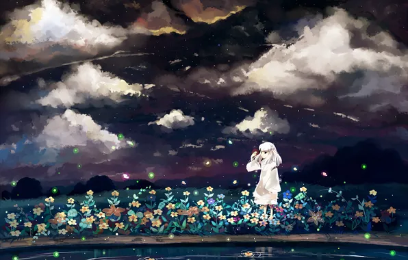 Картинка небо, облака, цветы, ночь, светлячки, аниме, арт, девочка