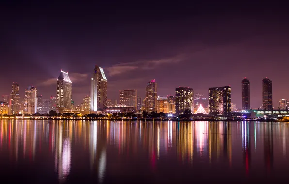 Ночь, город, огни, небоскребы, California, San Diego