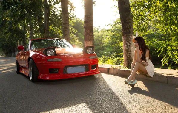 Девушки, азиатка, красивая девушка, красный авто, позирует над машиной, Mazda MX5