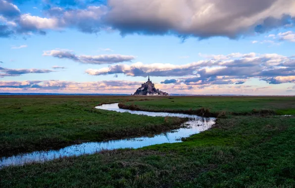 Небо, трава, вода, облака, Франция, остров, горизонт, крепость