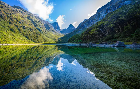 Отражение, Горы, Озеро, Новая Зеландия, Пейзаж, Mount Aspiring National Park, Парки