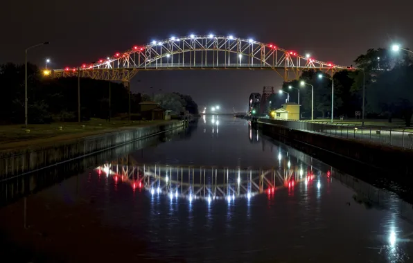 Ночь, мост, огни, река, Канада, Онтарио, Су-Сент-Мари