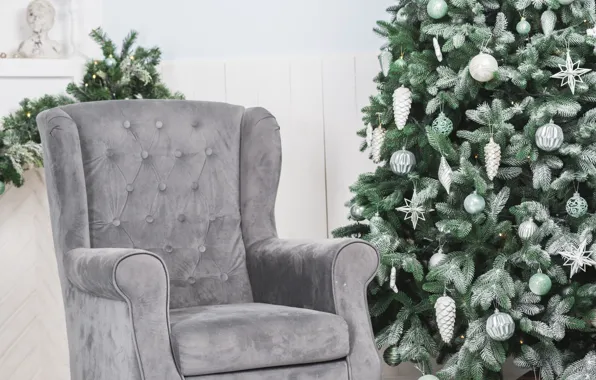 Картинка украшения, шары, елка, кресло, Новый Год, Рождество, подарки, Christmas