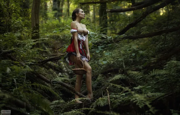 Forest, dress, trees, nature, nipples, boobs, model, tattoo