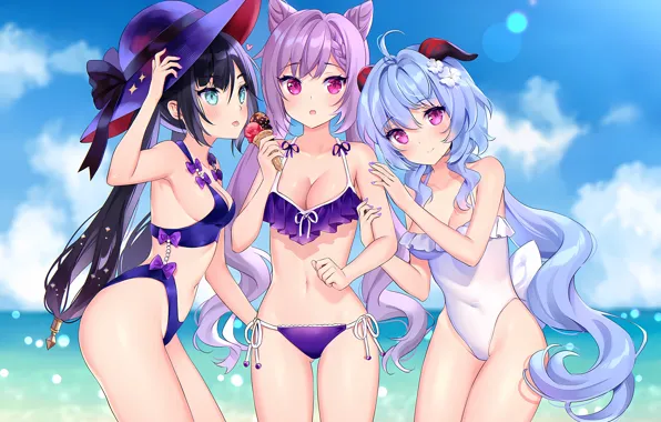 Sexy, cleavage, beach, pink hair, horns, sky, long hair, sea