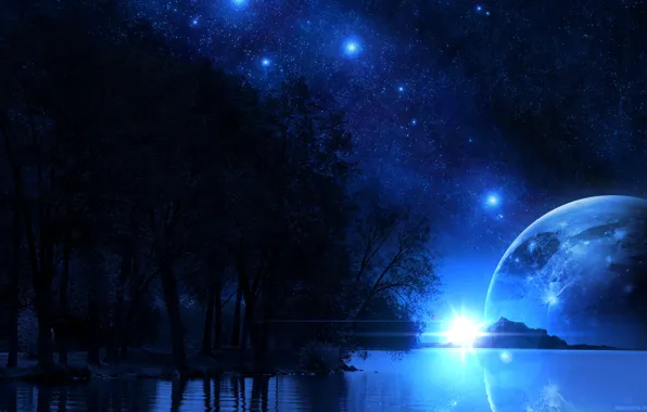 Картинка вода, деревья, ночь, планета, арт, силуэты, звездное небо