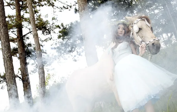 Картинка девушка, туман, конь