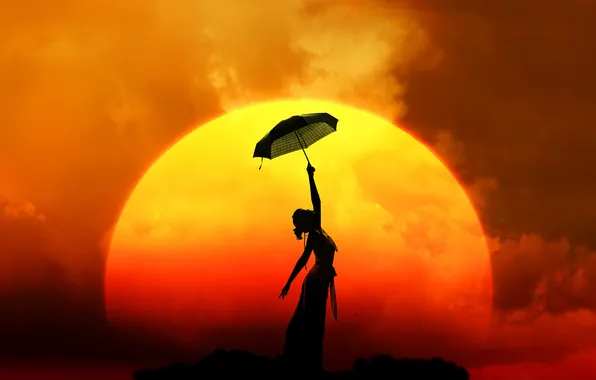 Картинка девушка, солнце, закат, зонт, платье