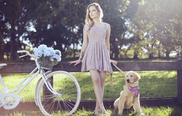 Картинка девушка, велосипед, настроение, собака