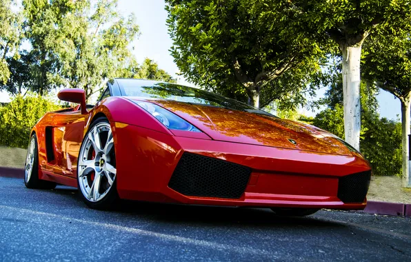 Деревья, красный, red, gallardo, кабриолет, lamborghini, вид спереди, ламборгини