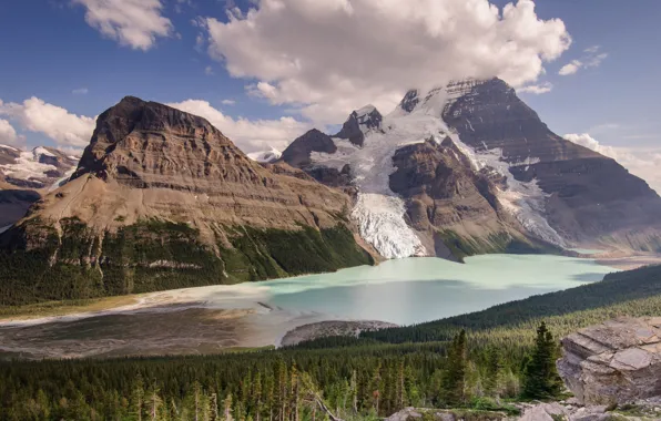 Лес, озеро, гора, Канада, Berg Lake, Mount Robson