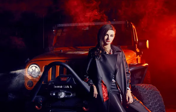 Авто, взгляд, Девушки, красивая девушка, Jeep, позирует над машиной