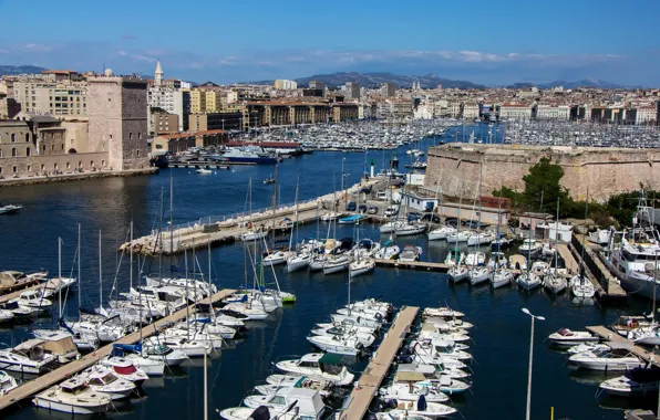 Франция, дома, лодки, катера, набережная, причалы, Marseille