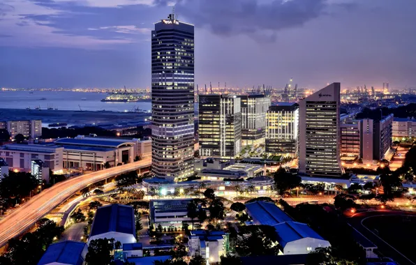 Город, огни, порт, Сингапур, после заката