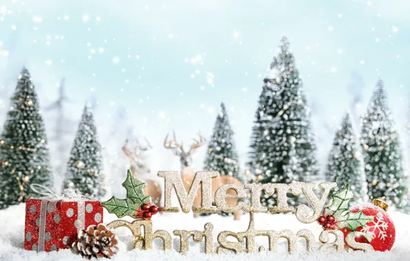 Картинка снег, украшения, снежинки, елка, новый год, подарки, new year, олени