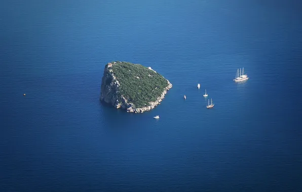 Море, деревья, скала, лодка, остров, парусник, яхты, rock
