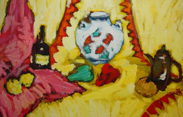 Картинка яблоки, груша, перец, натюрморт, 2011, жёлтый фон, Петяев