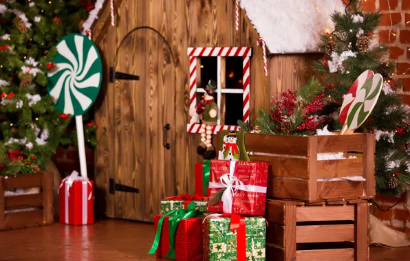 Картинка украшения, игрушки, елка, Новый Год, Рождество, подарки, домик, Christmas
