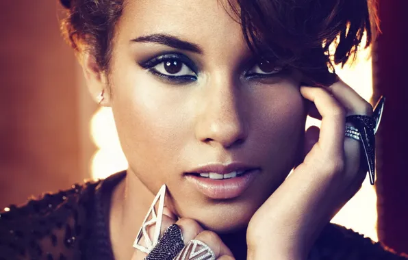 Девушка, лицо, кольца, макияж, певица, Alicia Keys