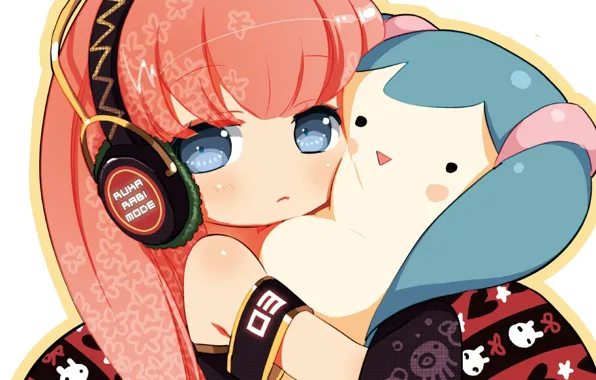 Девушка, игрушка, наушники, арт, vocaloid, hatsune miku, megurine luka, neko sakana