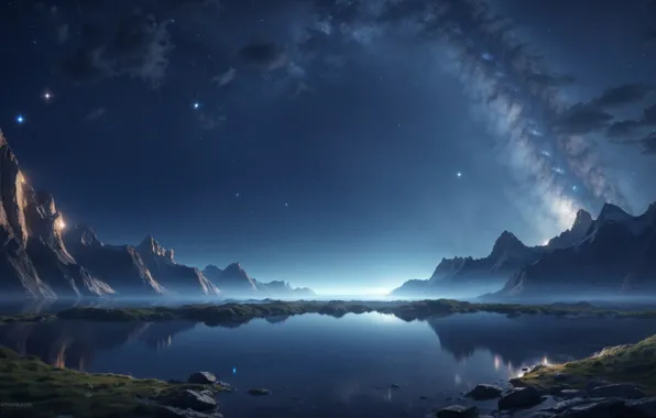 Mountains, Lake, Scenic, At Night