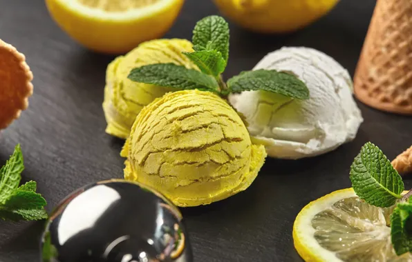 Картинка шарики, лимон, мороженое, мята, десерт, лимонное