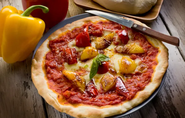Картинка сыр, нож, перец, пицца, pizza, блюдо, тесто, болгарский