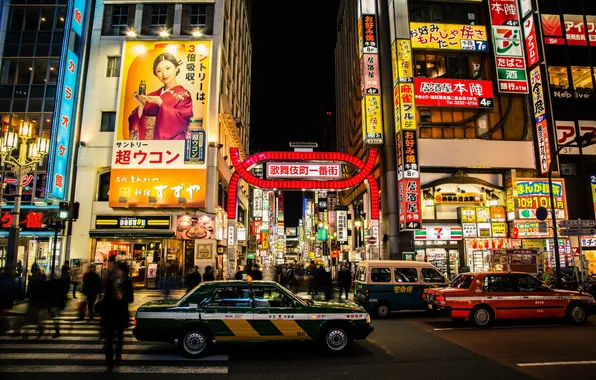 Картинка люди, улица, неон, Япония, Токио, автомобили, магазины, быт