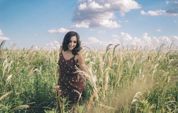 Girl, summer, happy, sky, dress, field, smile, clouds