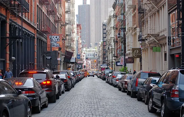 Машины, улица, здания, New York City, Mercer Street, SOHO