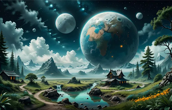 Небо, облака, пейзаж, горы, природа, озеро, дом, планеты