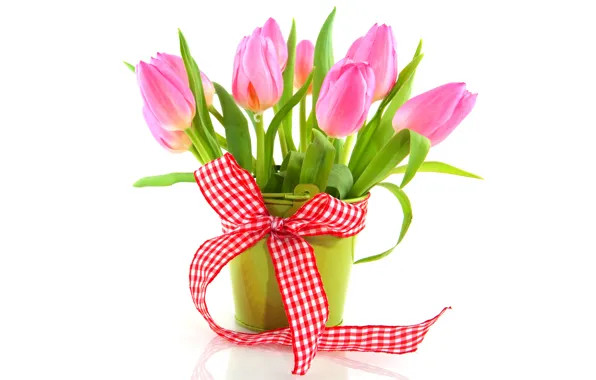 Картинка цветы, букет, лента, тюльпаны, ваза, fresh, pink, flowers