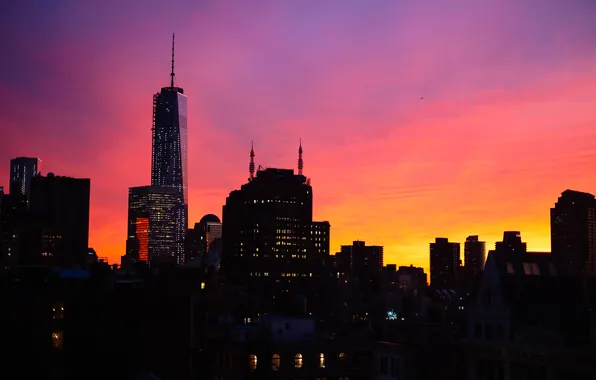Картинка небо, закат, огни, небоскреб, дома, Нью-Йорк, вечер, США