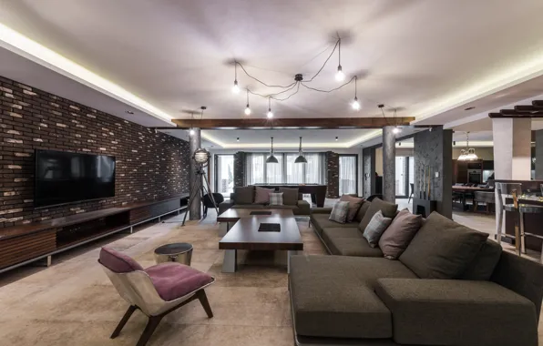 Design, living room, sofa, television, brick wall